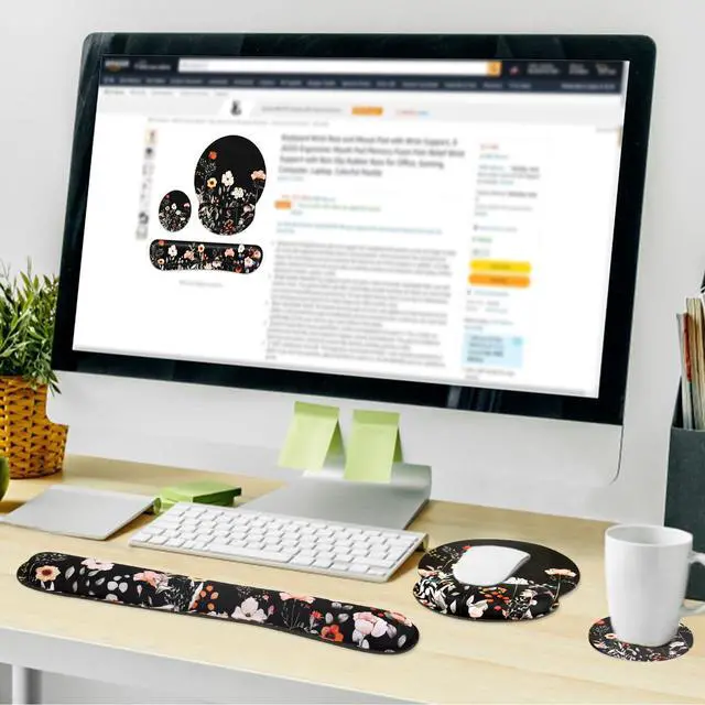 Alt view image 7 of 7 - Ergonomic Mouse Pad with Wrist Rest and Keyboard Wrist Rest, Wrist Rest for Computer Keyboard, Easy Typing, Pain Relief, Black Mouse Pad with Wrist Support for Gaming,Office, Laptop, Garden Flowers