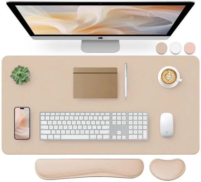 Main image of Leather Desk Pad and Keyboard Wrist Rest, Large Mouse Pad + Keyboard Pad+Mouse Wrist Support, Non-Slip Desk Mat Protector for Office, Home(31.5×15.7 Inches,Beige)