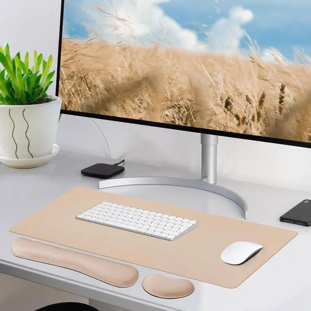 Alt view image 2 of 7 - Leather Desk Pad and Keyboard Wrist Rest, Large Mouse Pad + Keyboard Pad+Mouse Wrist Support, Non-Slip Desk Mat Protector for Office, Home(31.5×15.7 Inches,Beige)