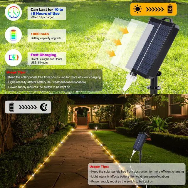 Alt view image 4 of 7 - 50FT 150 LED Solar Rope Lights, 18 Colors with Timer, 5 Modes, Waterproof Plug-in Remote Control Camping String Lights for Outside, Camping, Classroom, Party, Festival Decoration Solar Lights Outdoor