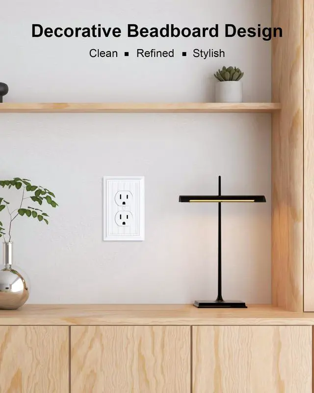 Alt view image 4 of 7 - 6-Pack Classic Beadboard Natural Bamboo Fiber Duplex Outlet Cover Plate, | Decorative Switch Plates and Outlet Covers, Wall Plates for Electrical Outlets, 1 Gang Receptacle Cover, Pure White