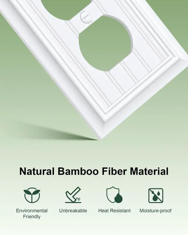 Alt view image 3 of 7 - 6-Pack Classic Beadboard Natural Bamboo Fiber Duplex Outlet Cover Plate, | Decorative Switch Plates and Outlet Covers, Wall Plates for Electrical Outlets, 1 Gang Receptacle Cover, Pure White