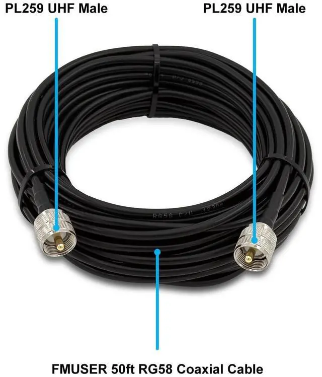 Alt view image 2 of 7 - 50ft RG58 Coaxial Cable, PL259 UHF Male to Male 50 Ohm CB Coax Cable for CB Radio, Ham Radio, Antenna
