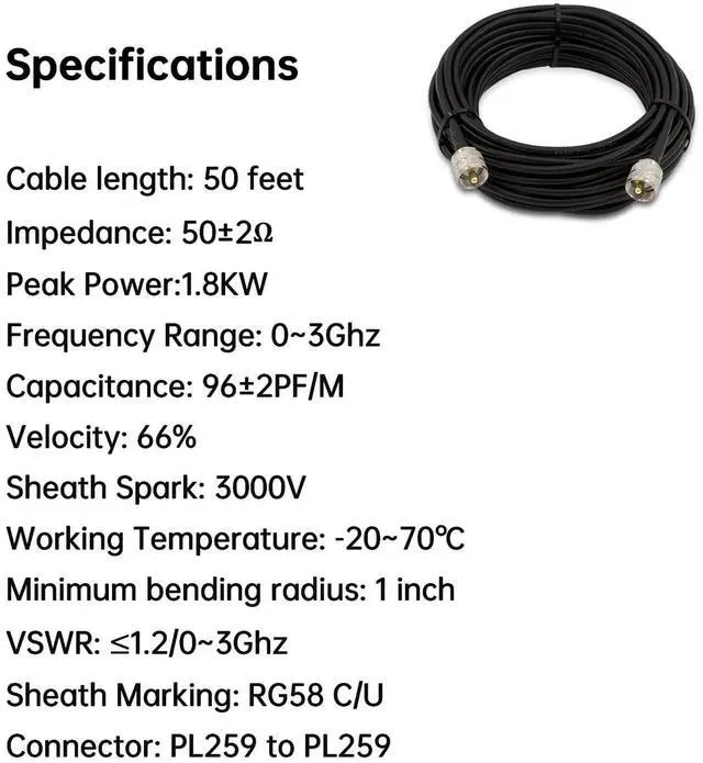 Alt view image 4 of 7 - 50ft RG58 Coaxial Cable, PL259 UHF Male to Male 50 Ohm CB Coax Cable for CB Radio, Ham Radio, Antenna