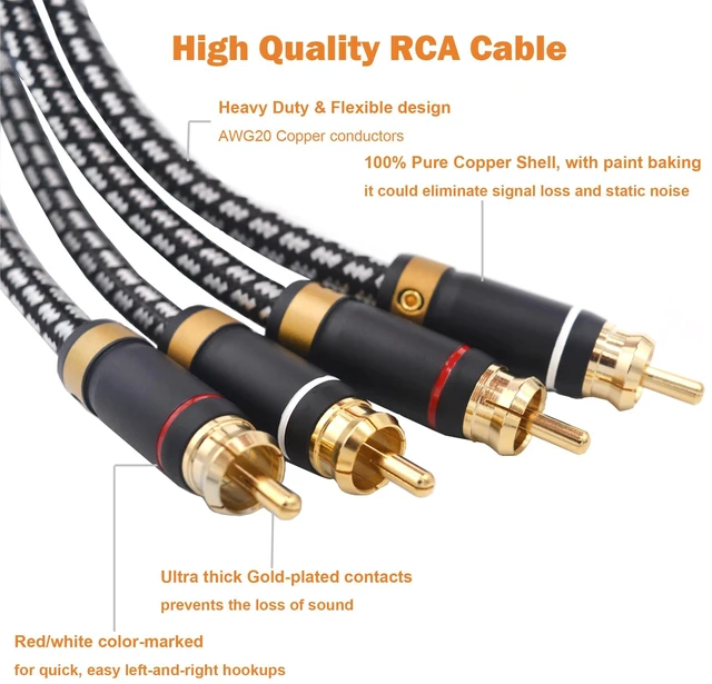 Alt view image 4 of 7 - 2 RCA to 2 RCA Audio Cable Silvered-Plated OFC Core 24K Gold-Plated Pure Copper Shell Braided for Home Theater HDTV Amplifiers Hi-Fi Systems Speakers and More (9.8FT/3m)