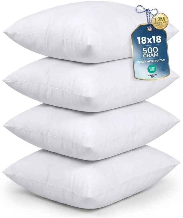 Main image of Throw Pillows (Set of 4, White) 18 x 18 Inches Down Alternative Pillows for Bed, Sofa, and Couch - Fluffy Decorative Stuffer Pillow for Indoors & Outdoors