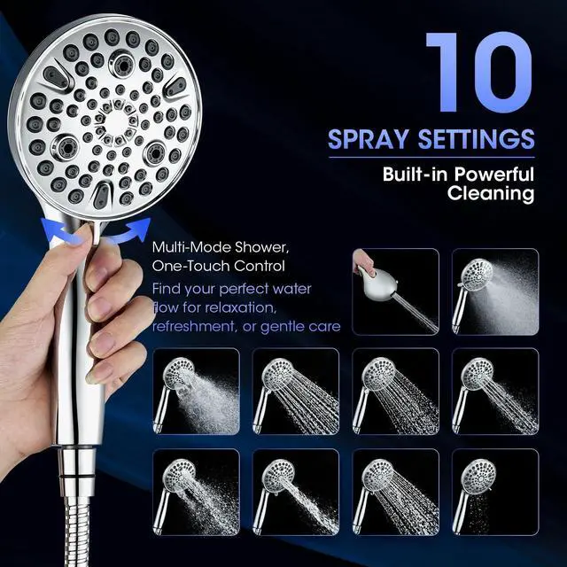 Alt view image 2 of 7 - Shower Head with Handheld, High Pressure 10 Spray Built-in Pause & Power Wash, Anti-clog Nozzles, Detachable Hand Held Showerhead with Leakproof Stainless Steel Hose&Adjustable Overhead Bracket Chrome