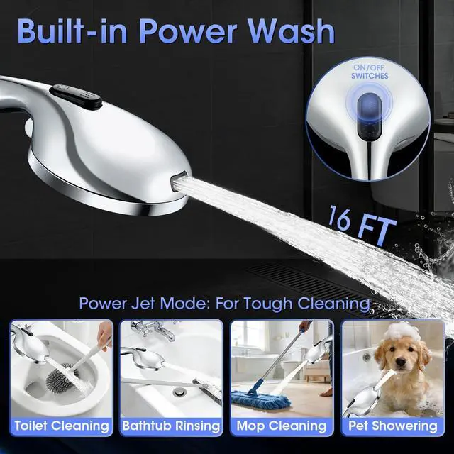 Alt view image 3 of 7 - Shower Head with Handheld, High Pressure 10 Spray Built-in Pause & Power Wash, Anti-clog Nozzles, Detachable Hand Held Showerhead with Leakproof Stainless Steel Hose&Adjustable Overhead Bracket Chrome