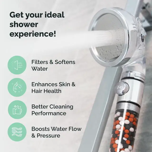 Alt view image 3 of 7 - Original StoneStream Filtered Shower Head, Eco Power High Pressure Water Softener Showerhead with ON/OFF switch and Spa like Ionic beads for Dry Skin & Hair 3 Spray Settings
