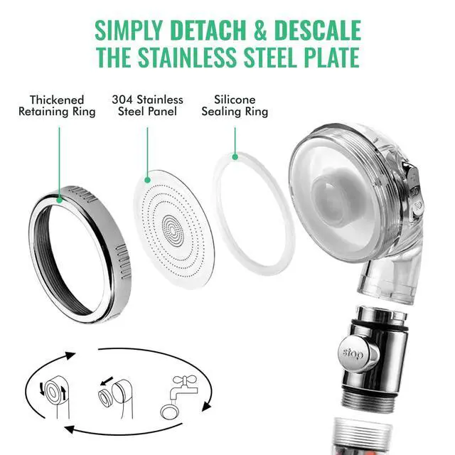 Alt view image 5 of 7 - Original StoneStream Filtered Shower Head, Eco Power High Pressure Water Softener Showerhead with ON/OFF switch and Spa like Ionic beads for Dry Skin & Hair 3 Spray Settings
