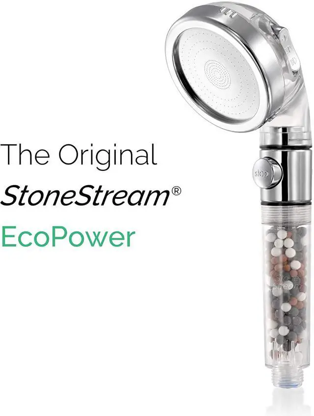 Alt view image 7 of 7 - Original StoneStream Filtered Shower Head, Eco Power High Pressure Water Softener Showerhead with ON/OFF switch and Spa like Ionic beads for Dry Skin & Hair 3 Spray Settings