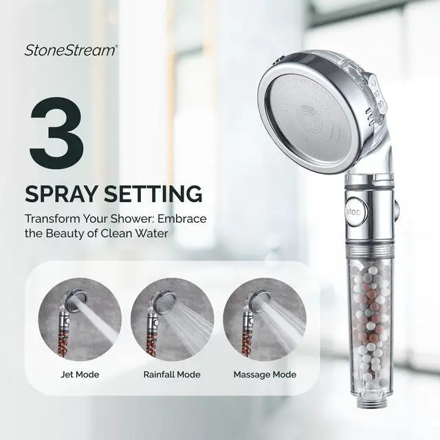 Alt view image 4 of 7 - Original StoneStream Filtered Shower Head, Eco Power High Pressure Water Softener Showerhead with ON/OFF switch and Spa like Ionic beads for Dry Skin & Hair 3 Spray Settings