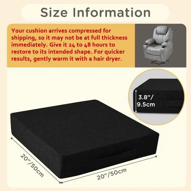 Alt view image 2 of 7 - Recliner Cushions for Elderly Square Chair Pads with Non-Slip Bottom for Couch Armchairs Booster Comfy 20"x20"x3.8" Recliner Cushion for Long Sitting with Washable Cover 1 Pack Black