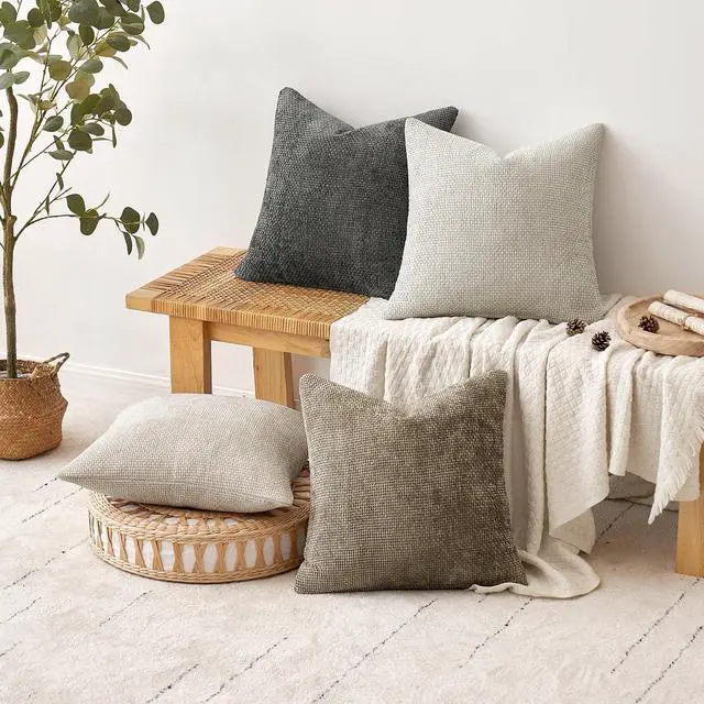 Alt view image 4 of 7 - Pack of 4 Couch Throw Pillow Covers 18x18 Inch Neutral Soft Decorative Chenille Pillow Covers Farmhouse Boho Cushion Covers for Mid Century Modern Spring Home Decor Sofa Bedroom Living Room