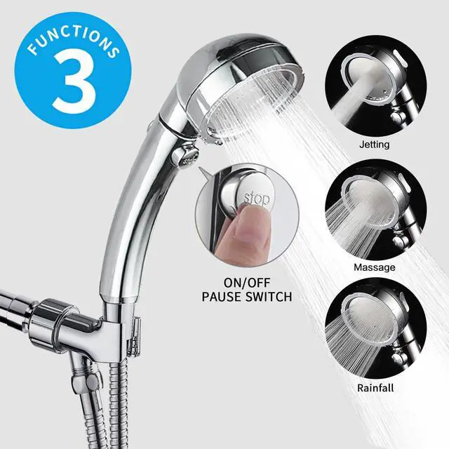 Alt view image 2 of 6 - Chrome High Pressure Handheld Shower Head with ON/OFF Pause Switch, 3 Spray Modes Shower Wand with Shut Off Button, Removable Camper Shower Head with Hose and Adjustable Angle Bracket