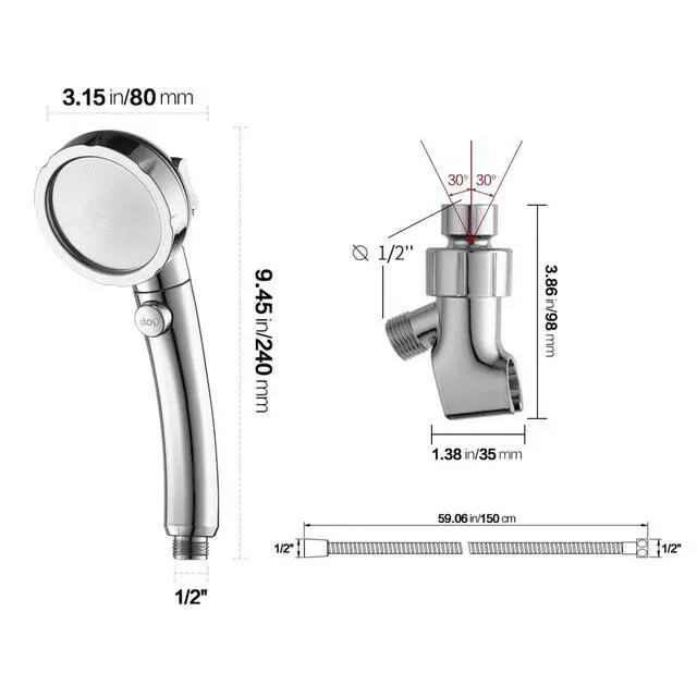 Alt view image 6 of 6 - Chrome High Pressure Handheld Shower Head with ON/OFF Pause Switch, 3 Spray Modes Shower Wand with Shut Off Button, Removable Camper Shower Head with Hose and Adjustable Angle Bracket