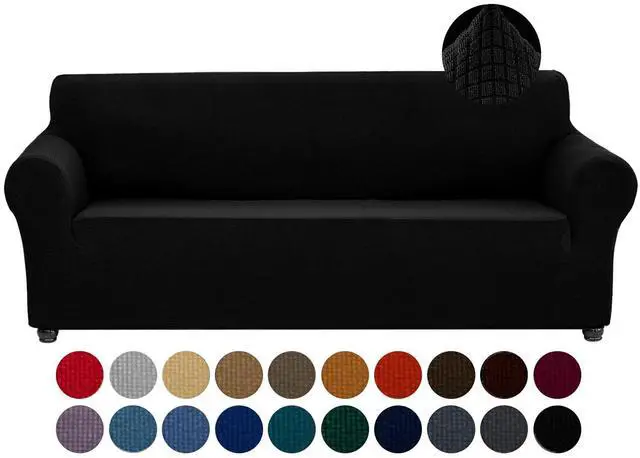 Main image of Stretch Couch Cover Slipcovers, 1-Piece Sofa Covers for 3 Cushion Couch Spandex Jacquard Washable Furniture Protector Cover for Living Room,Kids,Pets(Sofa,Black)
