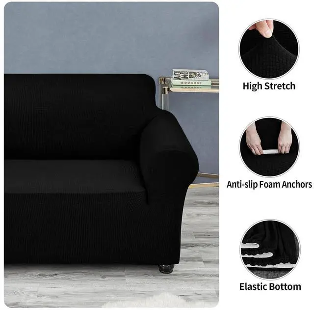Alt view image 5 of 7 - Stretch Couch Cover Slipcovers, 1-Piece Sofa Covers for 3 Cushion Couch Spandex Jacquard Washable Furniture Protector Cover for Living Room,Kids,Pets(Sofa,Black)