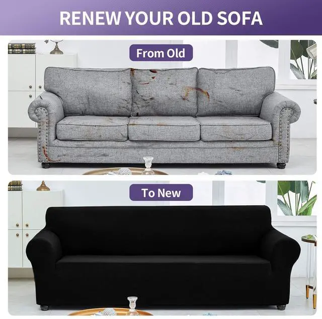 Alt view image 6 of 7 - Stretch Couch Cover Slipcovers, 1-Piece Sofa Covers for 3 Cushion Couch Spandex Jacquard Washable Furniture Protector Cover for Living Room,Kids,Pets(Sofa,Black)