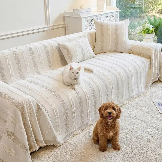 Main image of Couch Cover for Dogs Washable Sofa Cover, Sectional Couch Covers, Sofa Covers for 2 Cushion Couch, Non Slip Stripe Sofa Slipcovers Furniture Protector (Beige, 71x102)