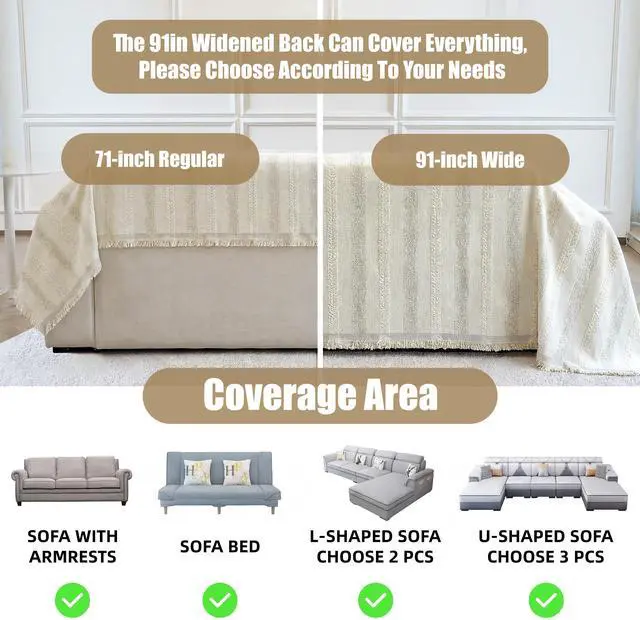 Alt view image 3 of 7 - Couch Cover for Dogs Washable Sofa Cover, Sectional Couch Covers, Sofa Covers for 2 Cushion Couch, Non Slip Stripe Sofa Slipcovers Furniture Protector (Beige, 71x102)