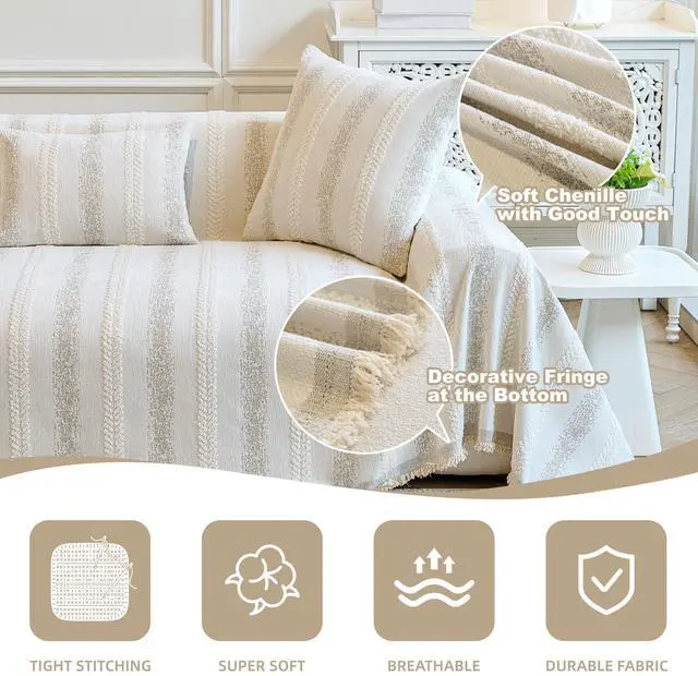Alt view image 4 of 7 - Couch Cover for Dogs Washable Sofa Cover, Sectional Couch Covers, Sofa Covers for 2 Cushion Couch, Non Slip Stripe Sofa Slipcovers Furniture Protector (Beige, 71x102)