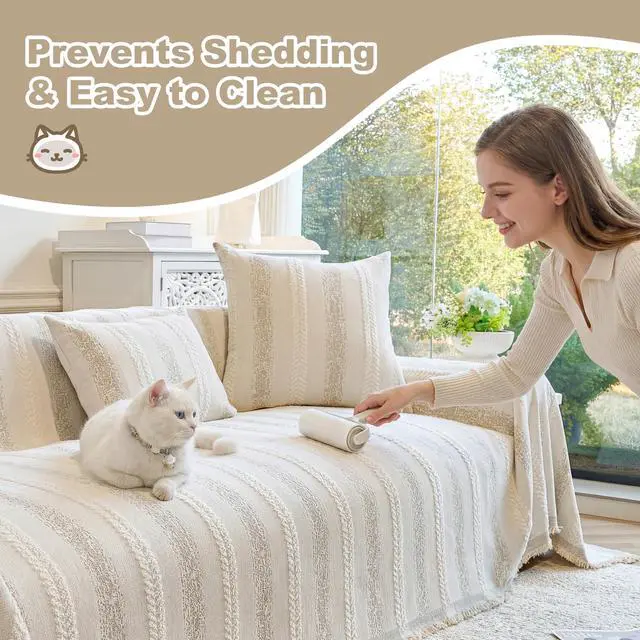 Alt view image 6 of 7 - Couch Cover for Dogs Washable Sofa Cover, Sectional Couch Covers, Sofa Covers for 2 Cushion Couch, Non Slip Stripe Sofa Slipcovers Furniture Protector (Beige, 71x102)