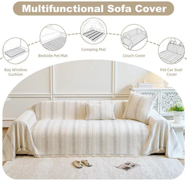 Alt view image 5 of 7 - Couch Cover for Dogs Washable Sofa Cover, Sectional Couch Covers, Sofa Covers for 2 Cushion Couch, Non Slip Stripe Sofa Slipcovers Furniture Protector (Beige, 71x102)