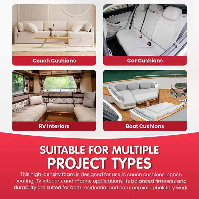 Alt view image 7 of 7 - High Density 2 inch Thick, 24 inch Wide, 96 inch Long Upholstery Foam, Cushion Replacement