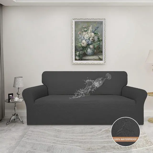 Alt view image 2 of 6 - 100% Waterproof Couch Cover, Dual Waterproof Sofa Cover, Stretch Jacquard Sofa Slipcover, Furniture Protector for Kids, Pets, Dog and Cat (Sofa, Dark Gray)