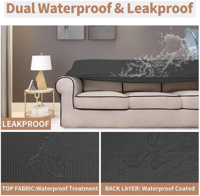 Alt view image 3 of 6 - 100% Waterproof Couch Cover, Dual Waterproof Sofa Cover, Stretch Jacquard Sofa Slipcover, Furniture Protector for Kids, Pets, Dog and Cat (Sofa, Dark Gray)