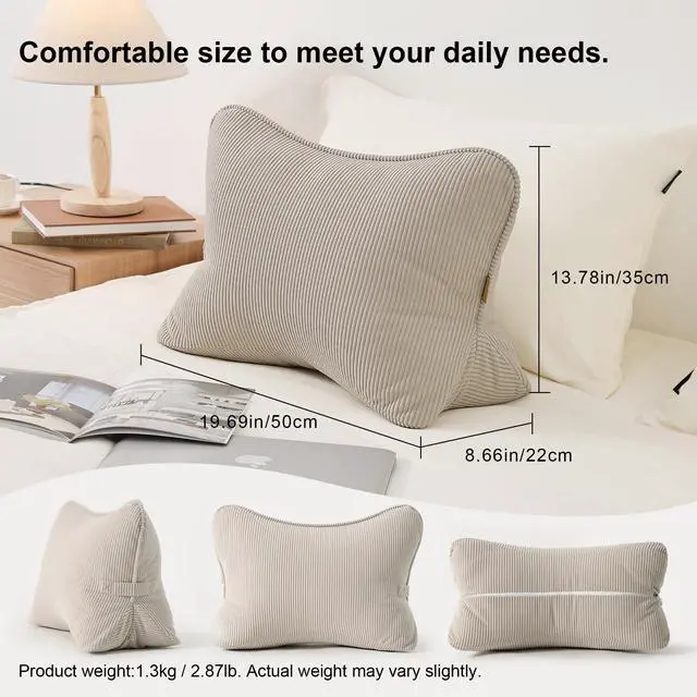 Alt view image 3 of 7 - Pat. Pend. Corduroy Lumbar Support Back Pillow for Watching TV, Reading & Gaming, Ergonomic Triangle Support Cushion for Sofa, Armchair & Bed Sitting, Removable Washable Cover, Beige Gray