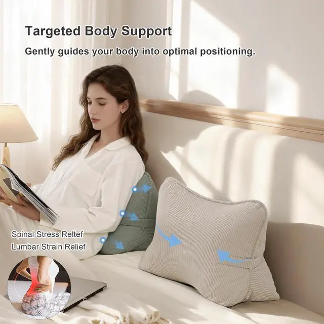 Alt view image 4 of 7 - Pat. Pend. Corduroy Lumbar Support Back Pillow for Watching TV, Reading & Gaming, Ergonomic Triangle Support Cushion for Sofa, Armchair & Bed Sitting, Removable Washable Cover, Beige Gray