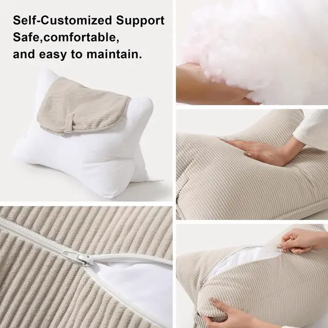 Alt view image 5 of 7 - Pat. Pend. Corduroy Lumbar Support Back Pillow for Watching TV, Reading & Gaming, Ergonomic Triangle Support Cushion for Sofa, Armchair & Bed Sitting, Removable Washable Cover, Beige Gray