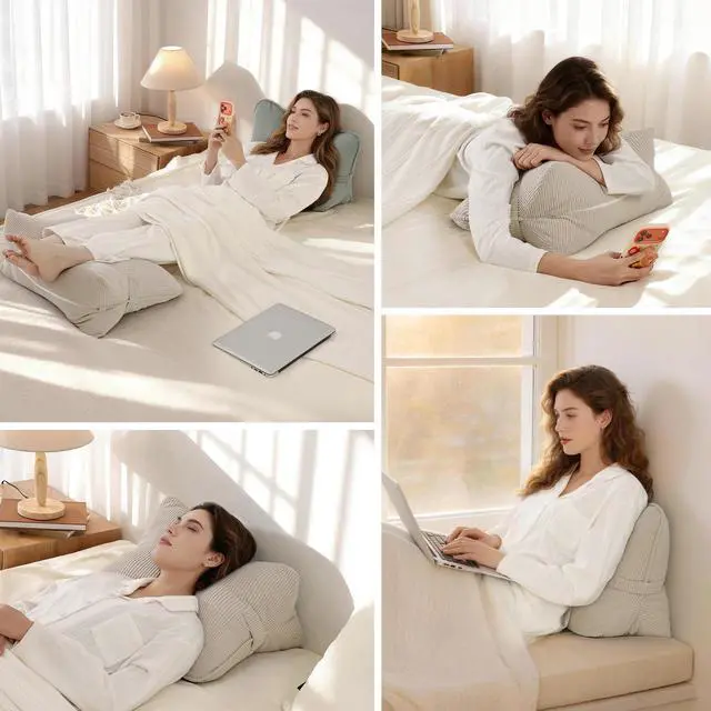 Alt view image 7 of 7 - Pat. Pend. Corduroy Lumbar Support Back Pillow for Watching TV, Reading & Gaming, Ergonomic Triangle Support Cushion for Sofa, Armchair & Bed Sitting, Removable Washable Cover, Beige Gray