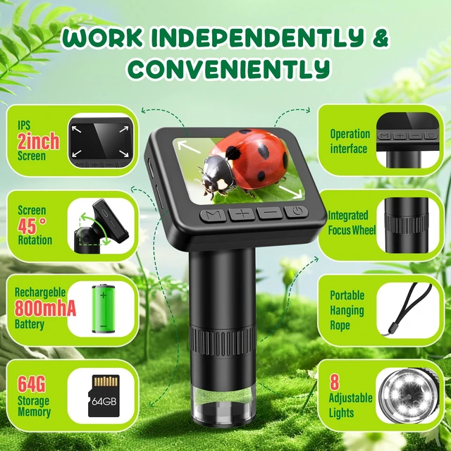 Alt view image 2 of 7 - Microscope for Kids 50X-1000X Magnification- 2 inch IPS HD Screen, 32GB storage Card, 1080P Video, 2-Hour Battery Life, Easy Carry, Slides Included - Perfect Science Kit Gift for Kids Ages 8-12