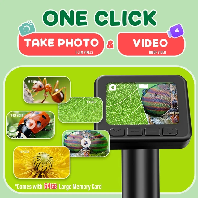 Alt view image 6 of 7 - Microscope for Kids 50X-1000X Magnification- 2 inch IPS HD Screen, 32GB storage Card, 1080P Video, 2-Hour Battery Life, Easy Carry, Slides Included - Perfect Science Kit Gift for Kids Ages 8-12