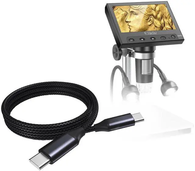Main image of Cable Compatible with Elikliv EDM4 Coin Microscope (4.3 in) - DirectSync PD Cable (3ft) - USB-C to USB-C (100W), Type C Braided Charge and Fast Sync - Jet Black