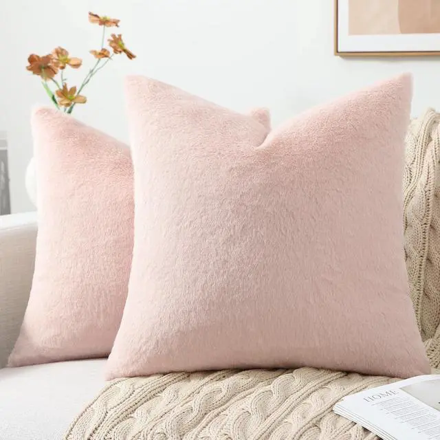 Main image of Faux Fur Plush Throw Pillow Covers 18x18 Set of 2, Luxury Soft Fluffy Cozy Decorative Pillow Covers for Sofa, Couch, Living Room, Blush Pink