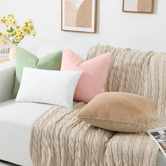 Alt view image 6 of 7 - Faux Fur Plush Throw Pillow Covers 18x18 Set of 2, Luxury Soft Fluffy Cozy Decorative Pillow Covers for Sofa, Couch, Living Room, Blush Pink