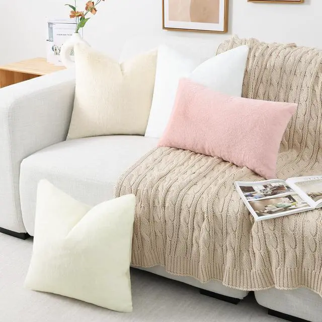 Alt view image 7 of 7 - Faux Fur Plush Throw Pillow Covers 18x18 Set of 2, Luxury Soft Fluffy Cozy Decorative Pillow Covers for Sofa, Couch, Living Room, Blush Pink