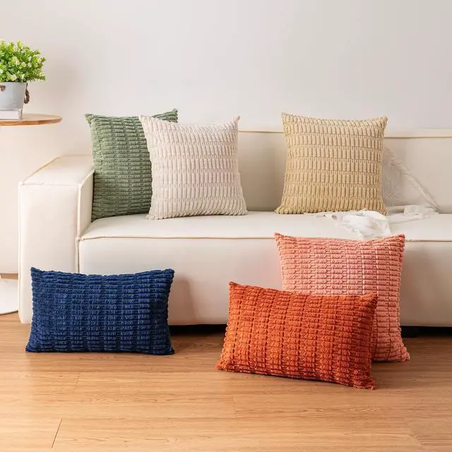 Alt view image 4 of 7 - Pack of 2 Corduroy Decorative Throw Pillow Covers 18x18 Inch Soft Striped Pillow Covers Modern Farmhouse Home Decor for Sofa Living Room Couch Bed(Cream White)