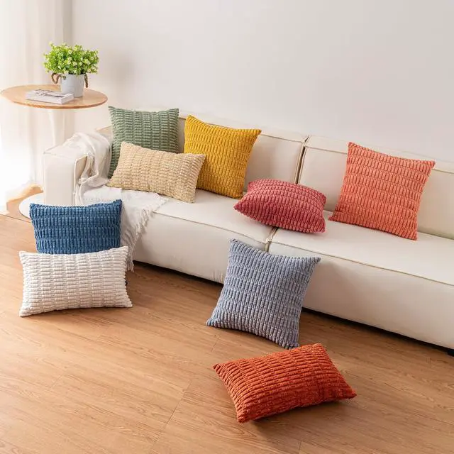 Alt view image 6 of 7 - Pack of 2 Corduroy Decorative Throw Pillow Covers 18x18 Inch Soft Striped Pillow Covers Modern Farmhouse Home Decor for Sofa Living Room Couch Bed(Cream White)