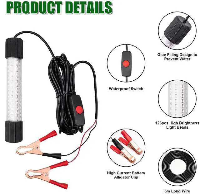 Alt view image 4 of 7 - 12V 126 LEDs 13W Fishing Light Underwater Night Fishing Lure Finder Light Green Submersible Fishing Lights with 5M Power Cord for Pool Boat Sea Ice Fishing Attractants More Fish