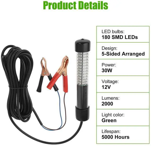 Alt view image 3 of 7 - 12V Submersible Fishing Light, 2000LM Underwater Green Fish Attractants Lamp with 5M Cord for Boat Night Fishing