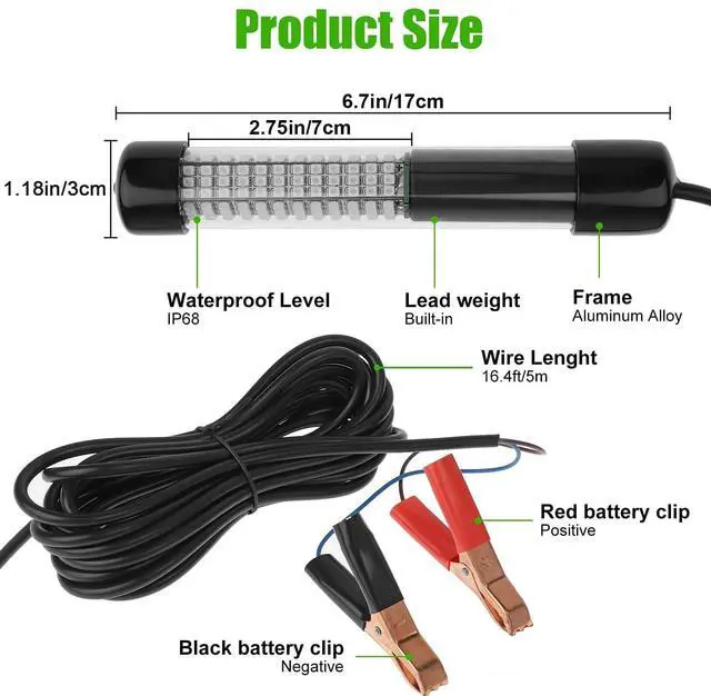 Alt view image 5 of 7 - 12V Submersible Fishing Light, 2000LM Underwater Green Fish Attractants Lamp with 5M Cord for Boat Night Fishing