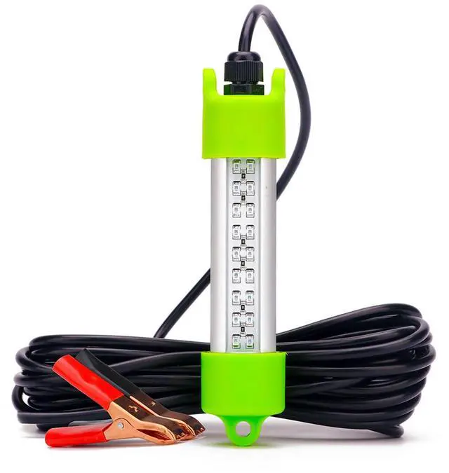 Main image of 18W DC 12V Green IP68 Waterproof Aluminum Super Bright LED Fish Bait Submersible Dock Underwater Fishing Light Attractants for at Night Snook Crappie with Battery Clamps