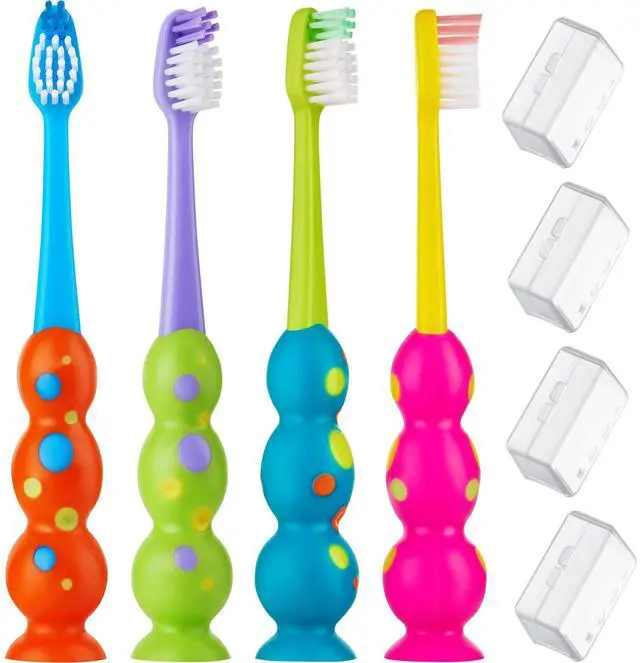 Main image of Kids Toothbrush 4 Pack - Soft Bristles with Suction Cup - Toothbrush Kids, Child Sized Brush Heads, 3-10 Year Old Kid Toothbrush with Easy Storage - Toddler, Girl and Boy Set (4-Pack, Multi-Color)