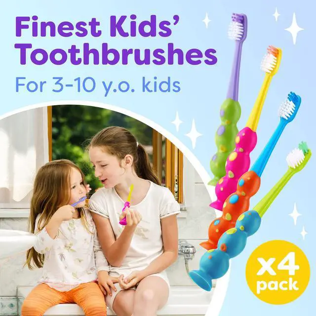 Alt view image 2 of 7 - Kids Toothbrush 4 Pack - Soft Bristles with Suction Cup - Toothbrush Kids, Child Sized Brush Heads, 3-10 Year Old Kid Toothbrush with Easy Storage - Toddler, Girl and Boy Set (4-Pack, Multi-Color)