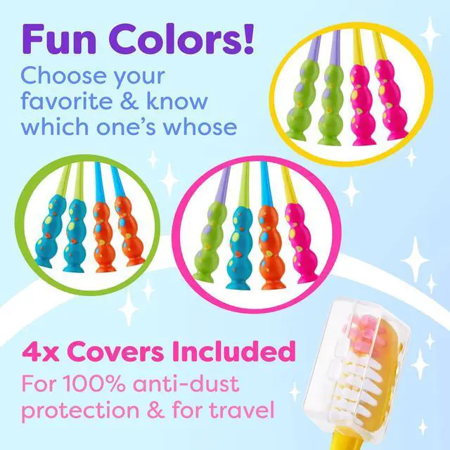 Alt view image 6 of 7 - Kids Toothbrush 4 Pack - Soft Bristles with Suction Cup - Toothbrush Kids, Child Sized Brush Heads, 3-10 Year Old Kid Toothbrush with Easy Storage - Toddler, Girl and Boy Set (4-Pack, Multi-Color)